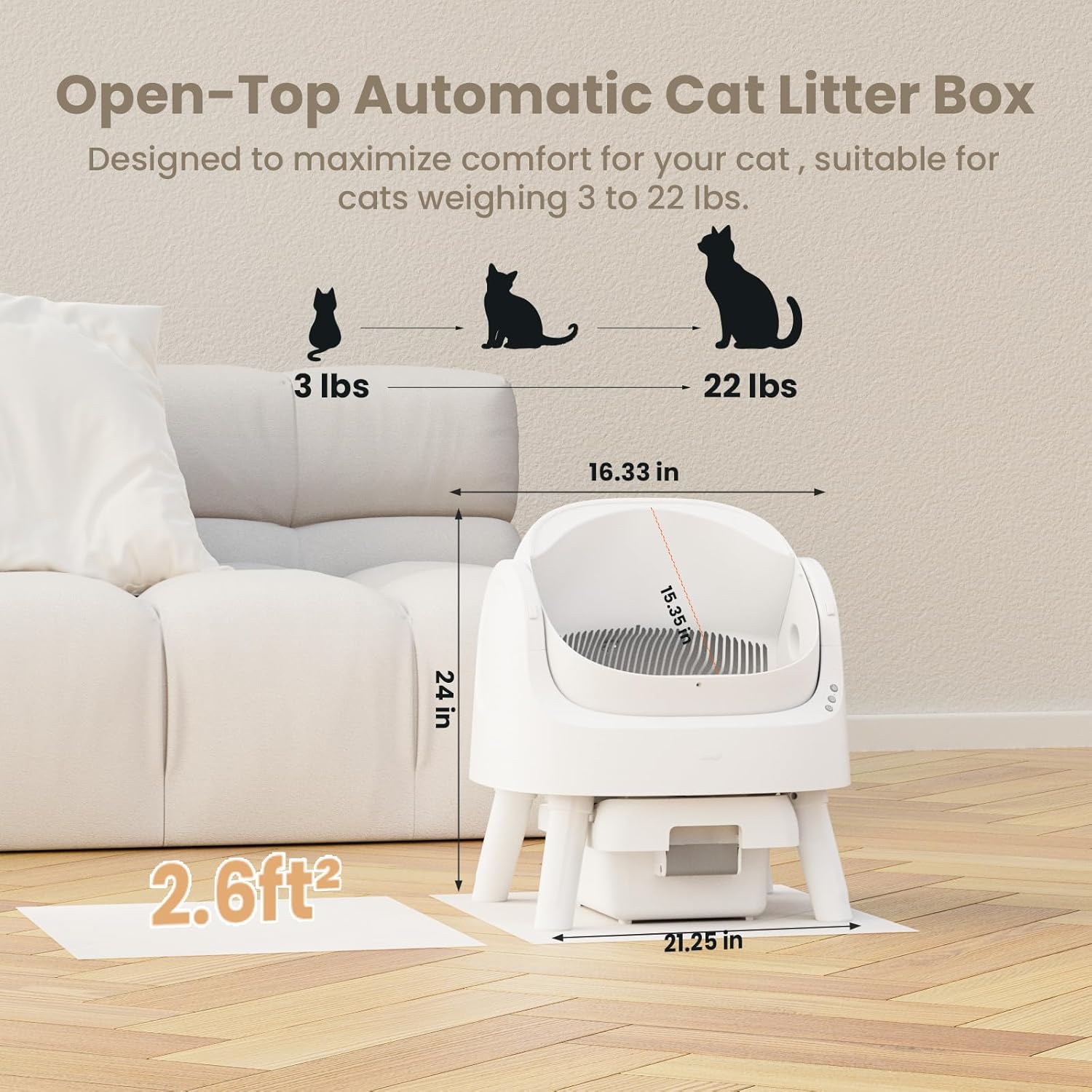 Self Cleaning Cat Litter Box, Open-Top Automatic Litter Box with Safety Sensors and 10 L Waste Container, Suitable for Multiple Cats, White