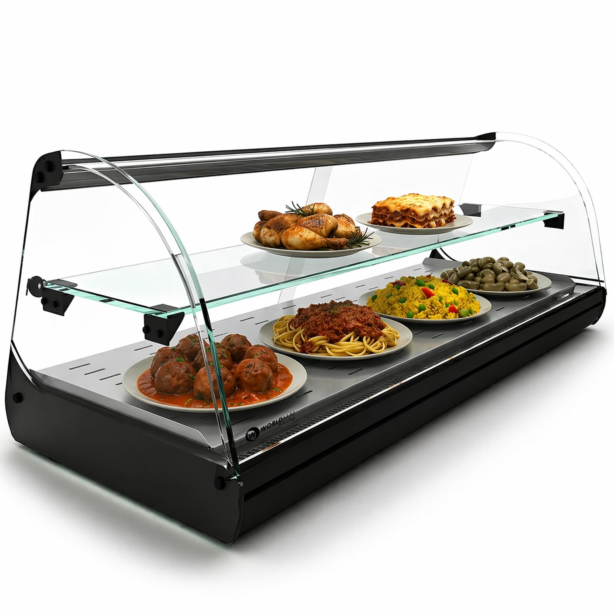 Vetrina riscaldata per tapas WORLDMAI x SAYL, 119 x 39 cm, 2 livelli e vasca piana per ristorazione. Espositore da banco a calore secco, senza LED.