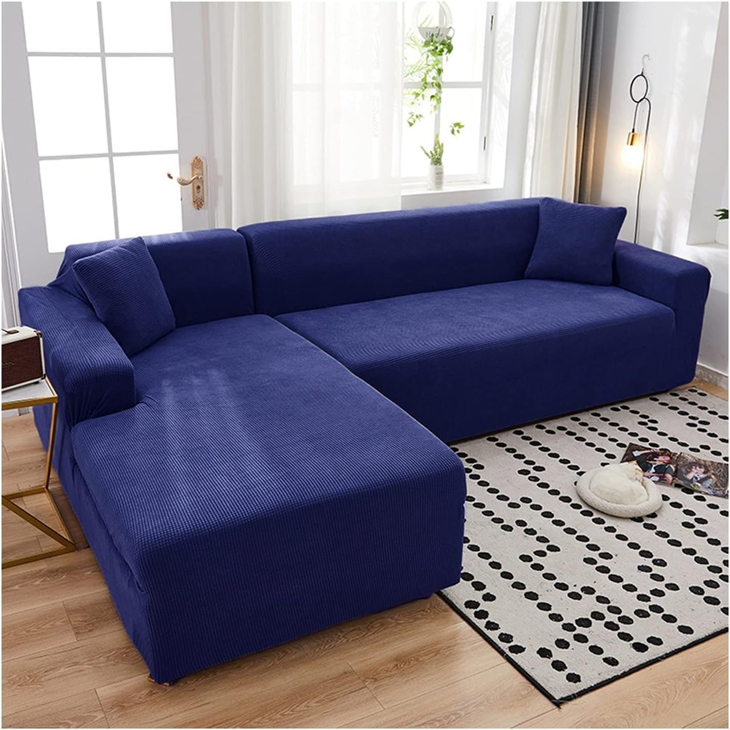 JvFbjLF Stretchable Sofa Cover In Solid Navy Blue With Checkered Pattern Furniture Protective Cover