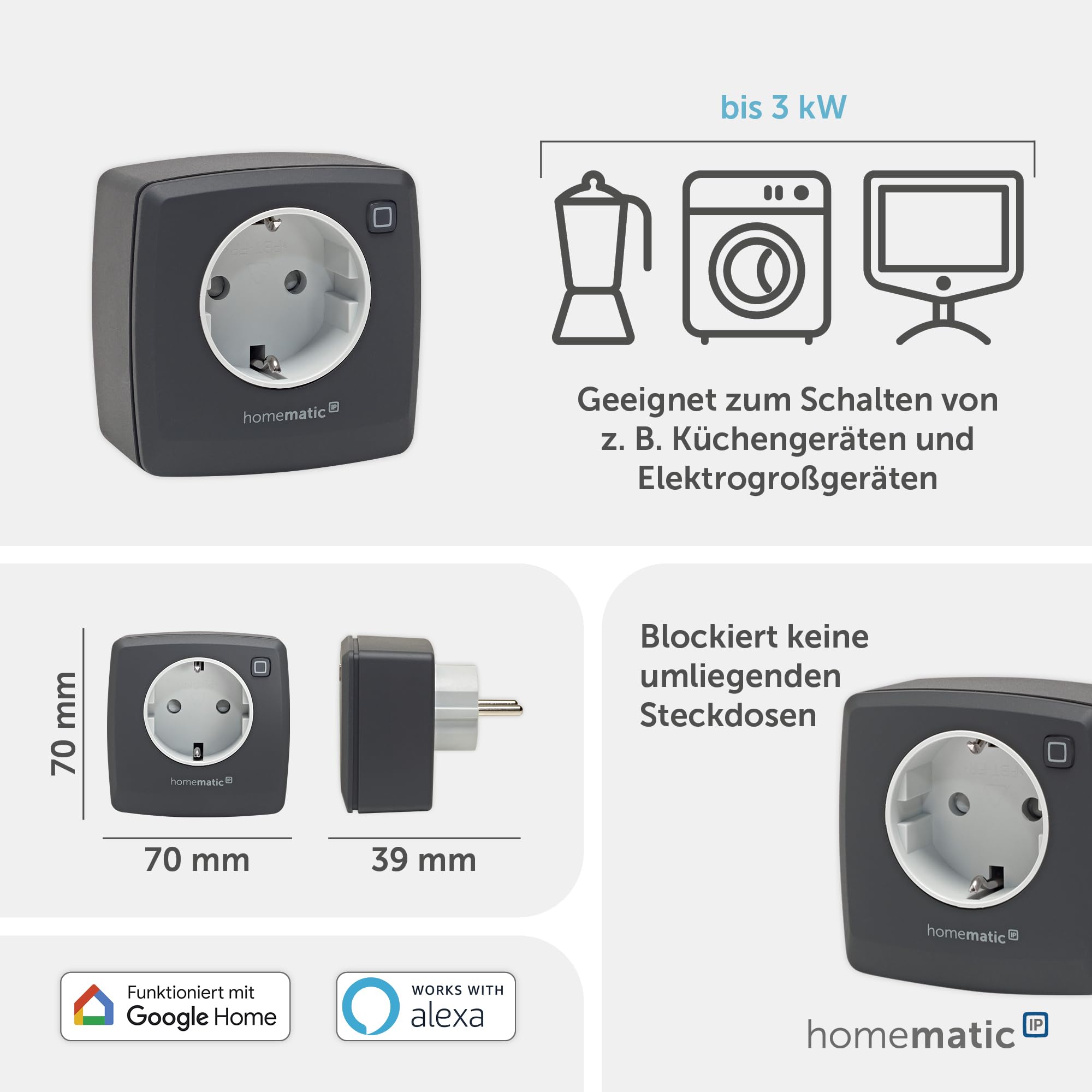 Homematic IP Smart Home 161613A0 - Enchufe de conmutación digital para controlar luces o aparatos eléctricos a través de la aplicación, Alexa y Google Assistant, ahorro de energía