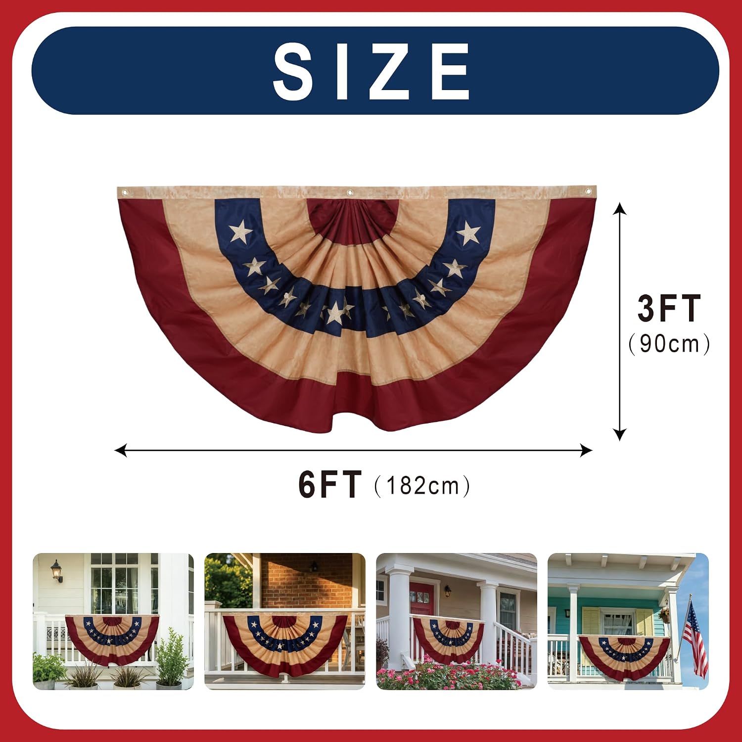 American Patriotic Bunting Flags Outdoor 3X6 Ft USA Pleated Fan Flag Embroidered Vintage Style 4th of July Decorations for Porch, 250th Anniversary Independence Day