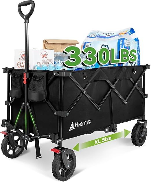 Hikenture 330lbs Collapsible Wagon Cart, Ultra-Large Wagons Carts Foldable Heavy Duty, Utility All Terrain Folding Wagon with Wheels for Groceries, Garden, Sports, Beach, Shopping, Black