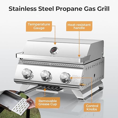 Miniatura 3 de R.W.FLAME Parrilla de gas propano de alta calidad de 3 quemadores de acero inoxidable portátil al aire libre con plancha, cocina multizona de 24,000