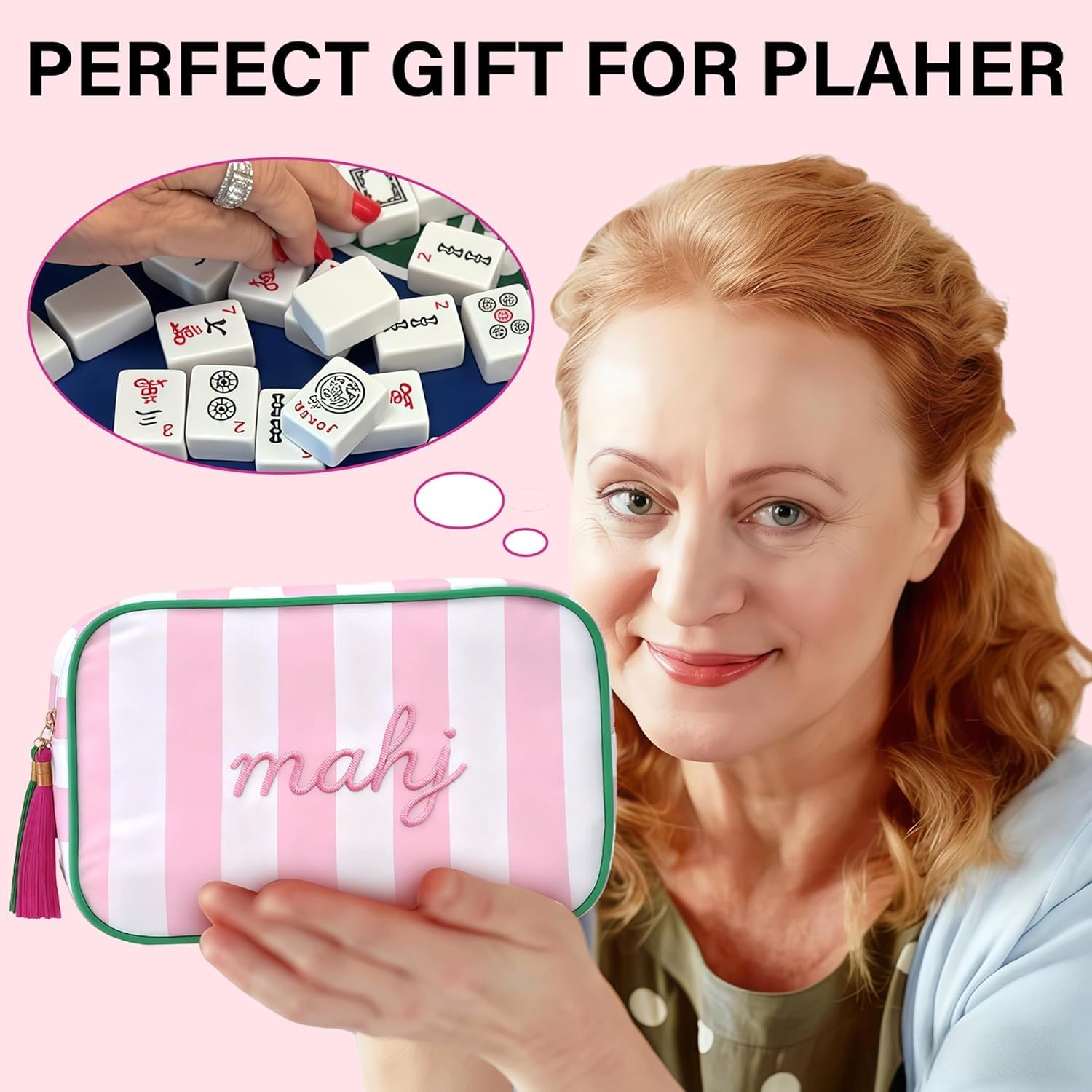 American Mahjong Tile Set with Pink Striped Carrying Bag, 160 4-Layer Acrylic Tiles for American Mah Jongg, Portable Travel Game Set for Adults, Family Game Night