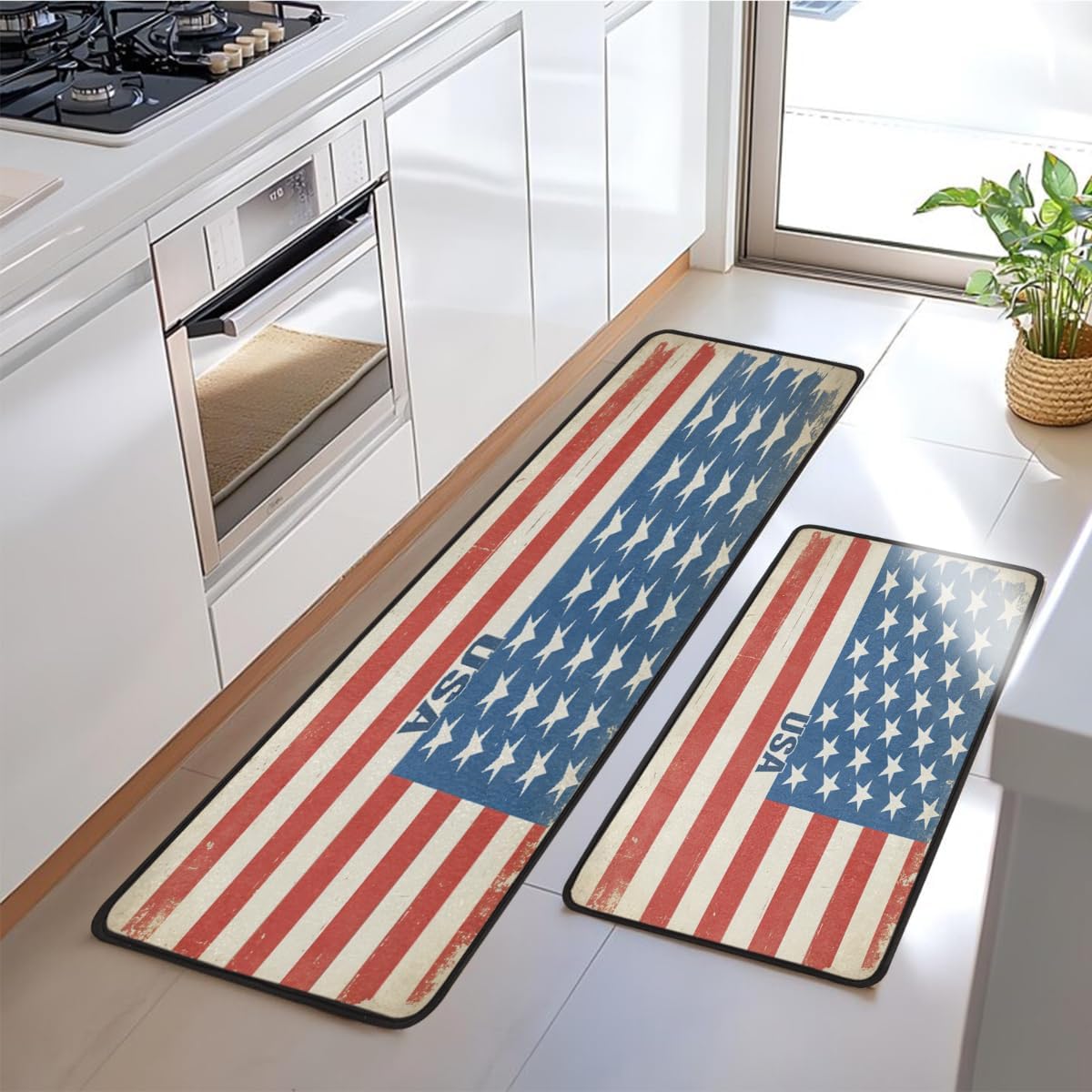 Anti Fatigue USA Flag Print Kitchen Mats for Floor 2 Piece Set, Waterproof Non Slip Boho Kitchen Floor Rugs, Comfort Standing Mat for Sink Laundry & Home Kitchen 17"x47"+17"x29"