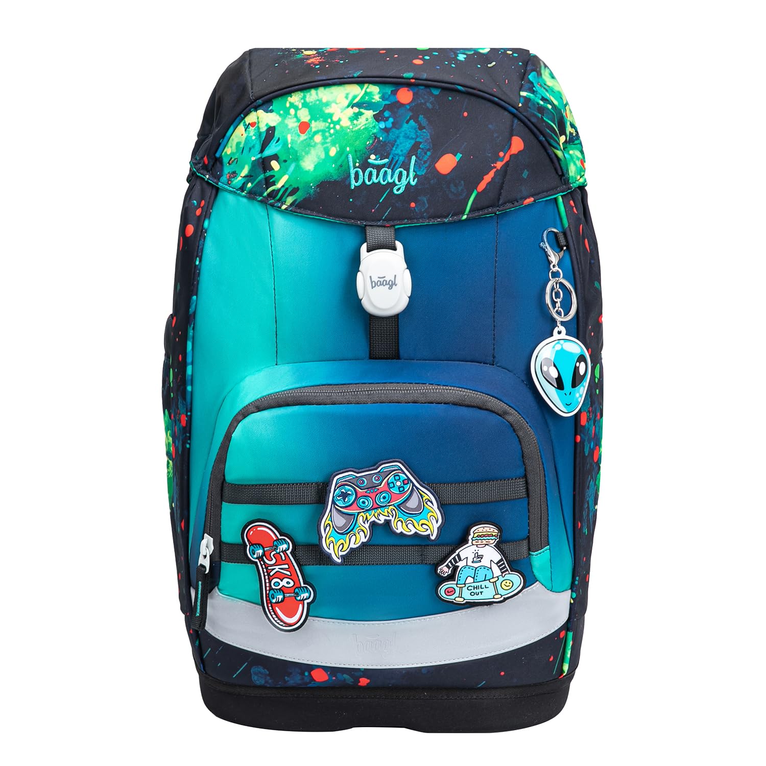 Baagl Schulranzen Jungen Set 3 Teilig Airy Plus Schultasche 25 l - Chill | Ergonomischer Schulrucksack und Grundschule Ranzen für die 1. Klasse enthält ein Federmäppchen sowie einen Turnbeutel.