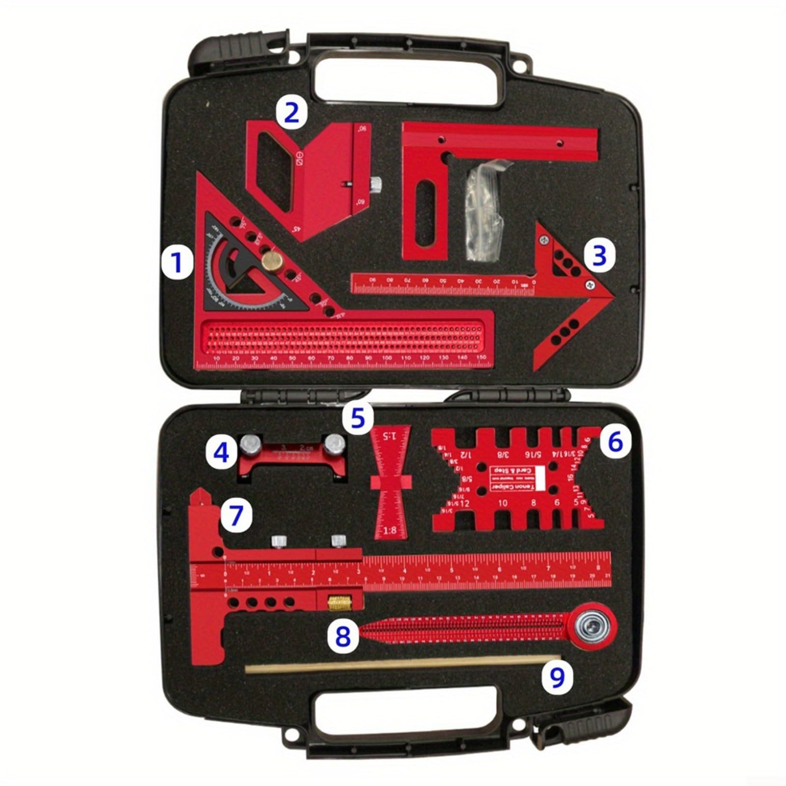 Kit di misurazione e marcatura per falegnameria, righello quadrato in lega di alluminio con guida a coda di rondine e progetti di lavorazione del legno centrali (9 pezzi)