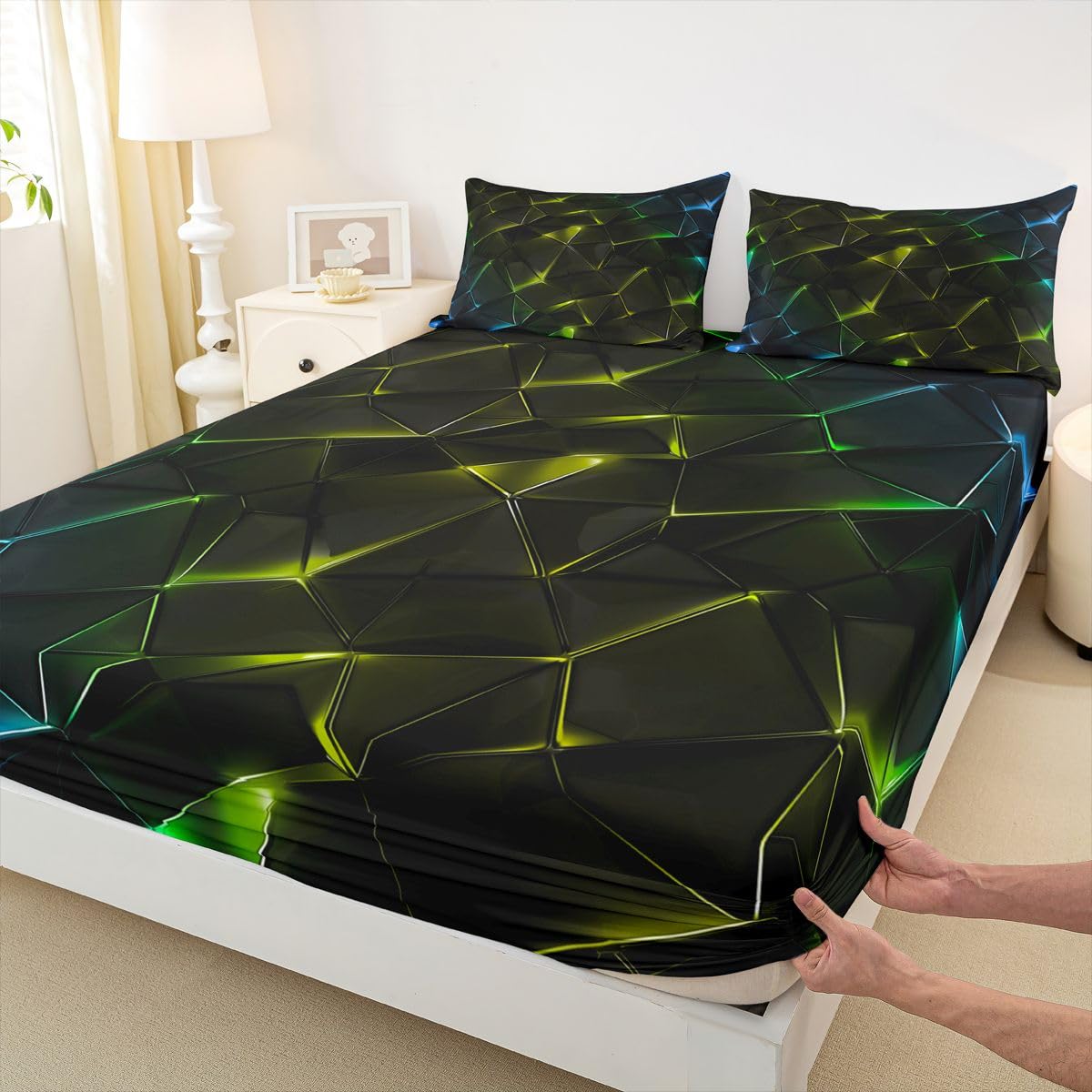 Homewish Geometryczne Crack Prześcieradła King Ombre Rock Wzór Żółte Dopasowane Prześcieradło Gradient Abstrakcyjne Linie Zestaw Pościeli, Nowoczesna Linia Świecąca Narzuta Na Łóżko 3 Szt