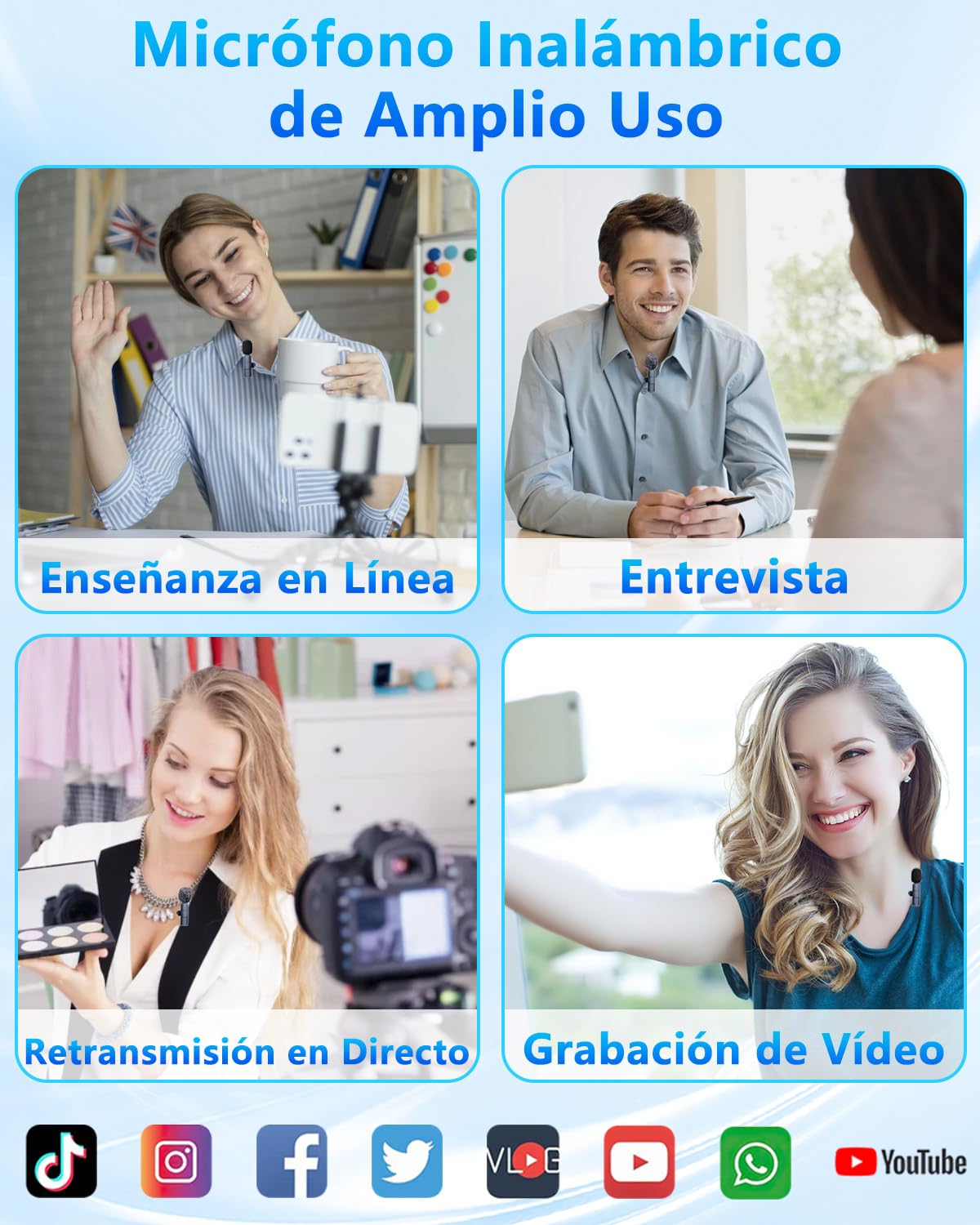 DDKJ Microfono Inalambrico para iPhone/Android/Cámara/PC,Microfono Solapa 4 en 1,Mini Microfono Movil Transmisión de 20M,Micro Inalambrico Plug&Play,Wireless Lavalier Microphone para Youtube/TikTok