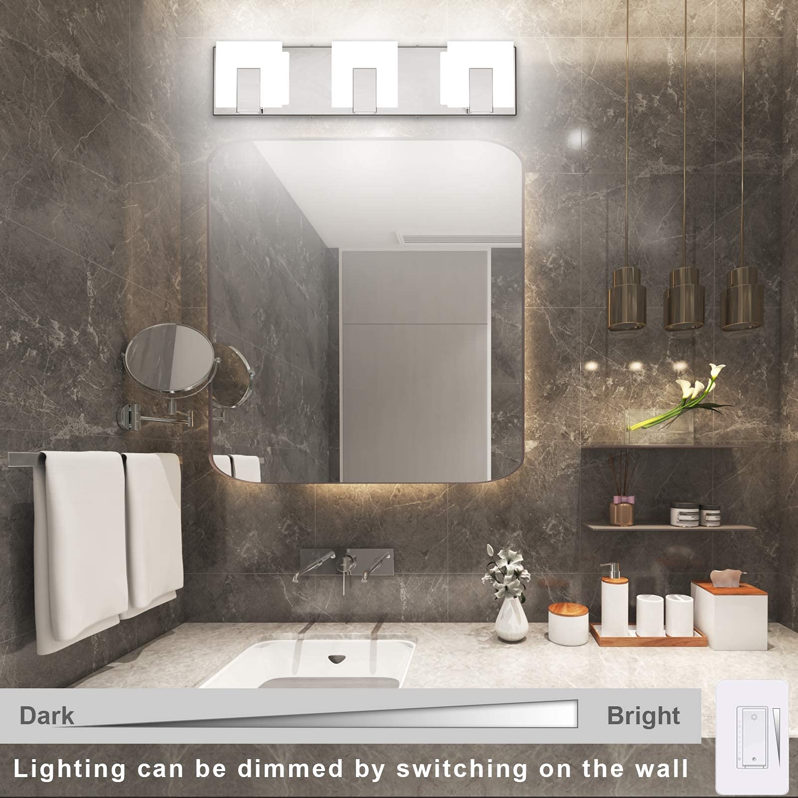 3 luci dimmerabili Moderne luci toeletta LED Bagno Smerigliato Bianco Acrilico Cromato su e Giù Applique Parete Bagno su Specchio
