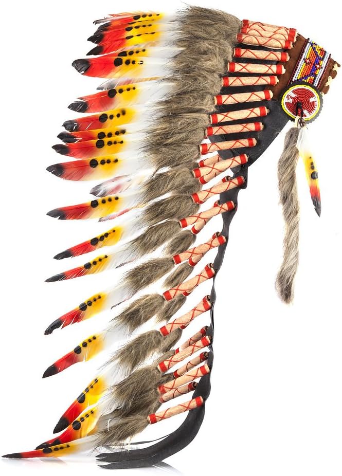 Handcrafted Native American Inspired Feather Headdress, Black Red Orange White, Fits Most Adults