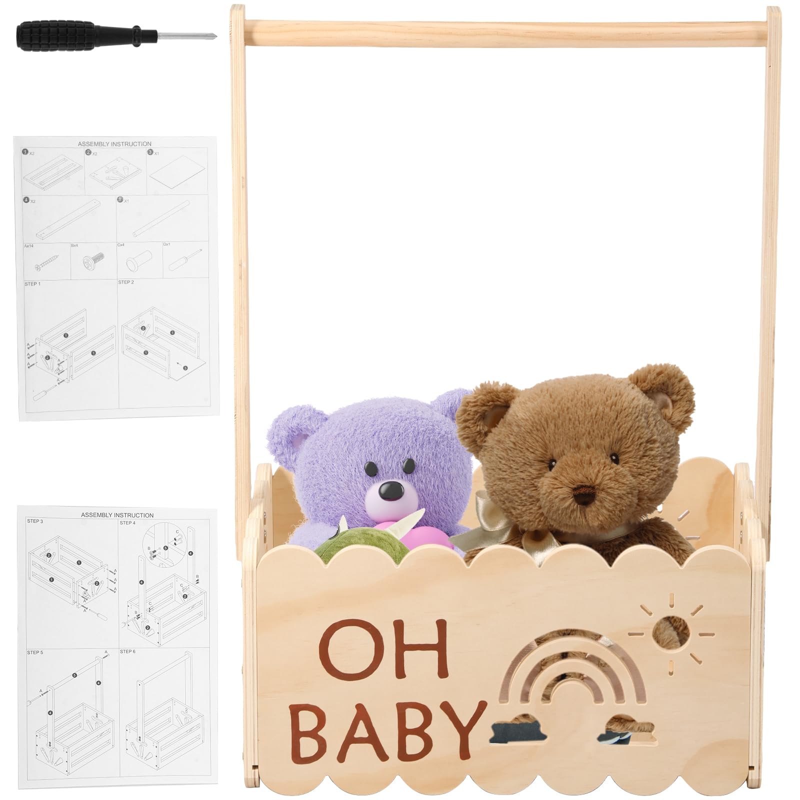 Cadeau de fête prénatale avec poignée, en bois, 34 x 22,8 x 17,5 cm, panier de rangement décoratif, cadeau pour anniversaire, fête prénatale, nouveau-né, nouveaux parents (A)
