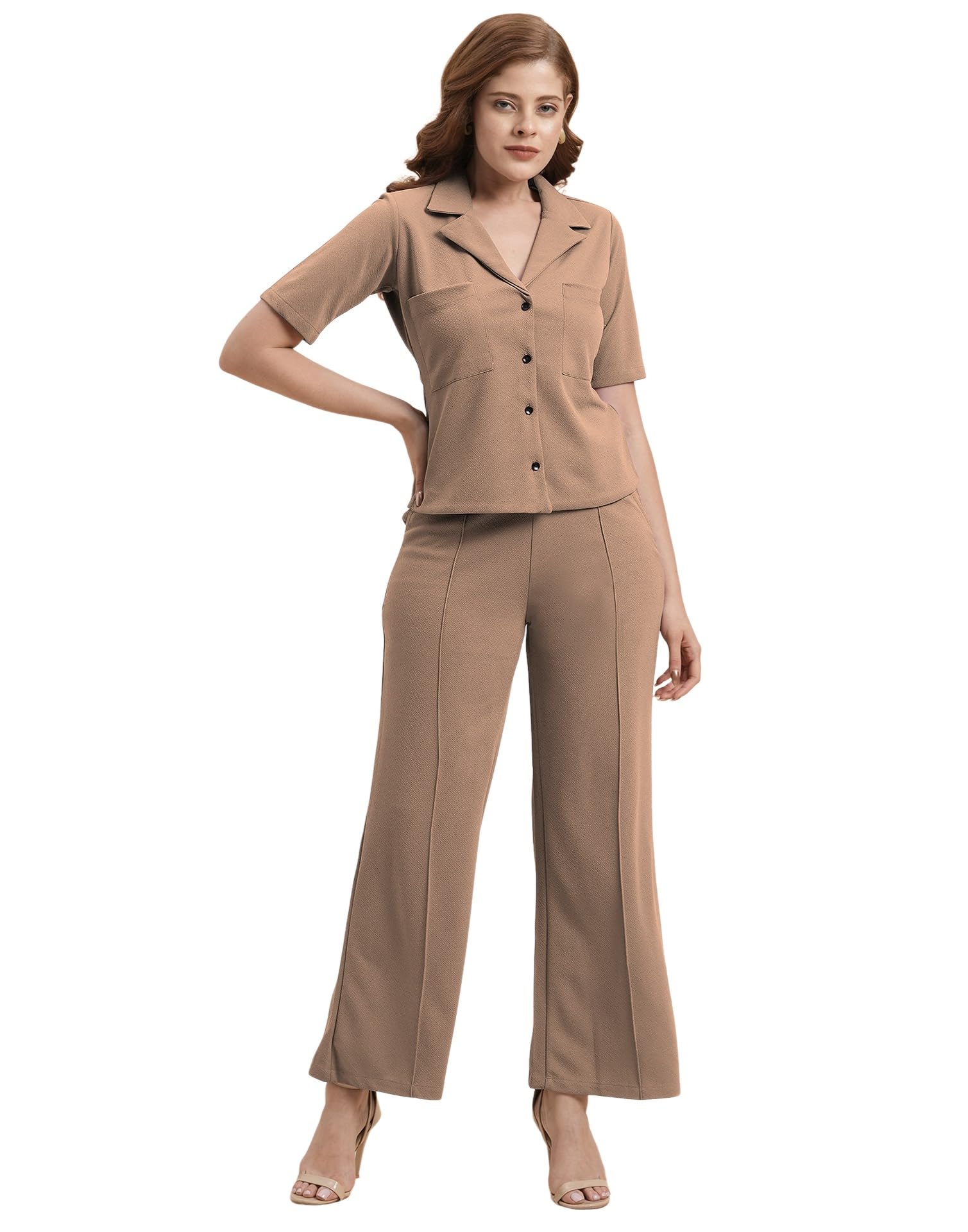 Womens Lycra Solid Co-Ord Set Top And Trouser Pant Set | Two Piece Office Wear Co-Ord Set