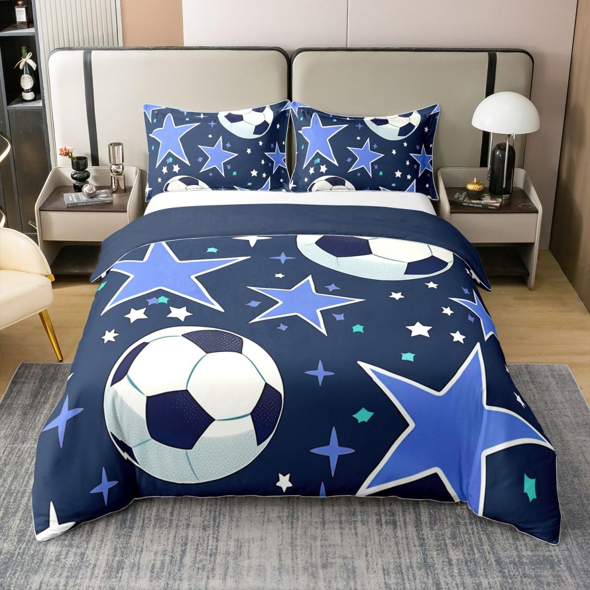 Homewish Chłopcy piłka nożna poszewka na kołdrę pojedyncza piłka nożna wzór bawełna zestaw pościeli gry w piłkę poszwa na kołdrę dla dzieci chłopców nastolatków dorosłych niebieska gwiazda granatowa