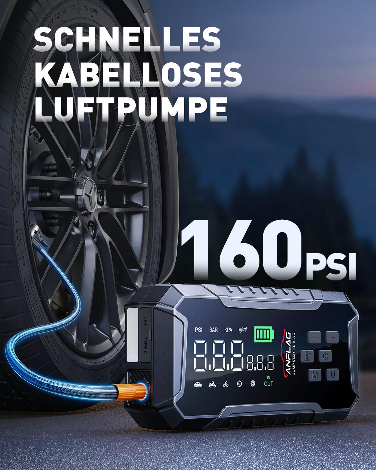 Starthilfe Powerbank für Pkw mit Kompressor 160PSI, ANFLAG 7000A 26800mAh Auto Starthilfe Powerbank für All Benzin und 12.0L Dieselmotor, Starter Powerbank mit Starthilfekabel, LED-Licht