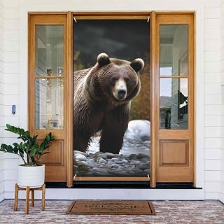 Brown bear Door Cover Decorations Welcome Front Door Banner Seasonal Spring Summer Porch Banner Sign Photo Background for Indoor Outdoor Party Decoration 72.8 x 35.4 Inch