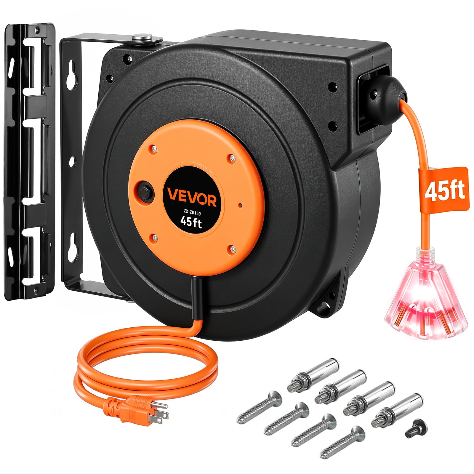VEVOR Retractable Extension Cord Reel 45 FT 12AWG/3C SJTOW Cord Heavy Duty