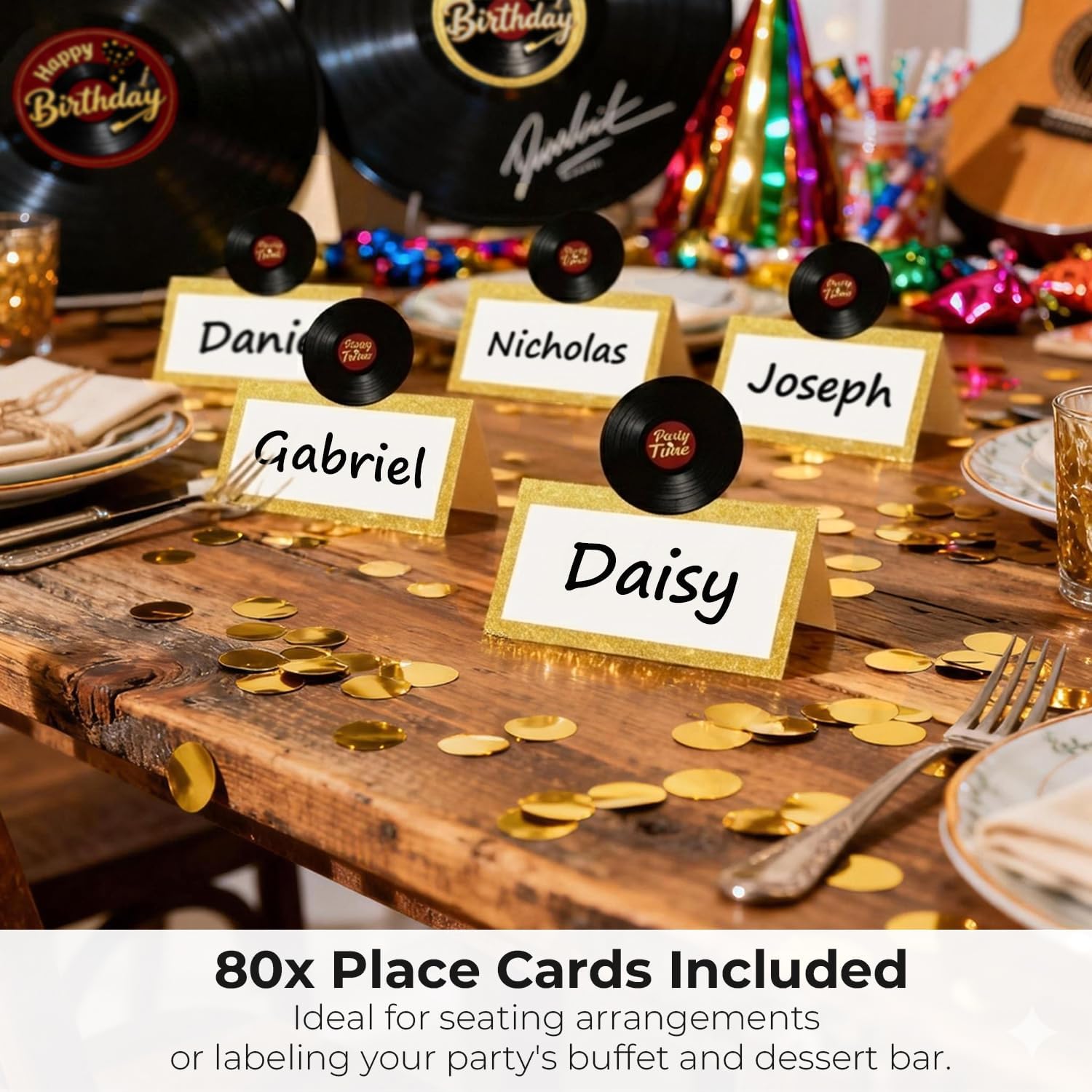 11.7" Vinyl Record Birthday Guest Book, (2-Record Set) Retro Sign-in Board Decoration, Includes 14 Pens, 20 Center Stickers & 80 Place Cards, Milestone Birthday Party Keepsake Gift