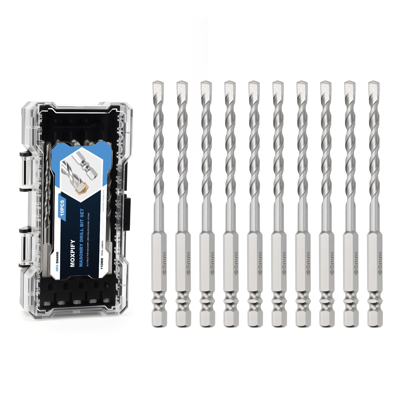 MOXPIFY 10pcs Concrete Drill Bits, 5mm x 110mm Masonry Drill Bit Set for Impact Drill/Driver, Hex Shank