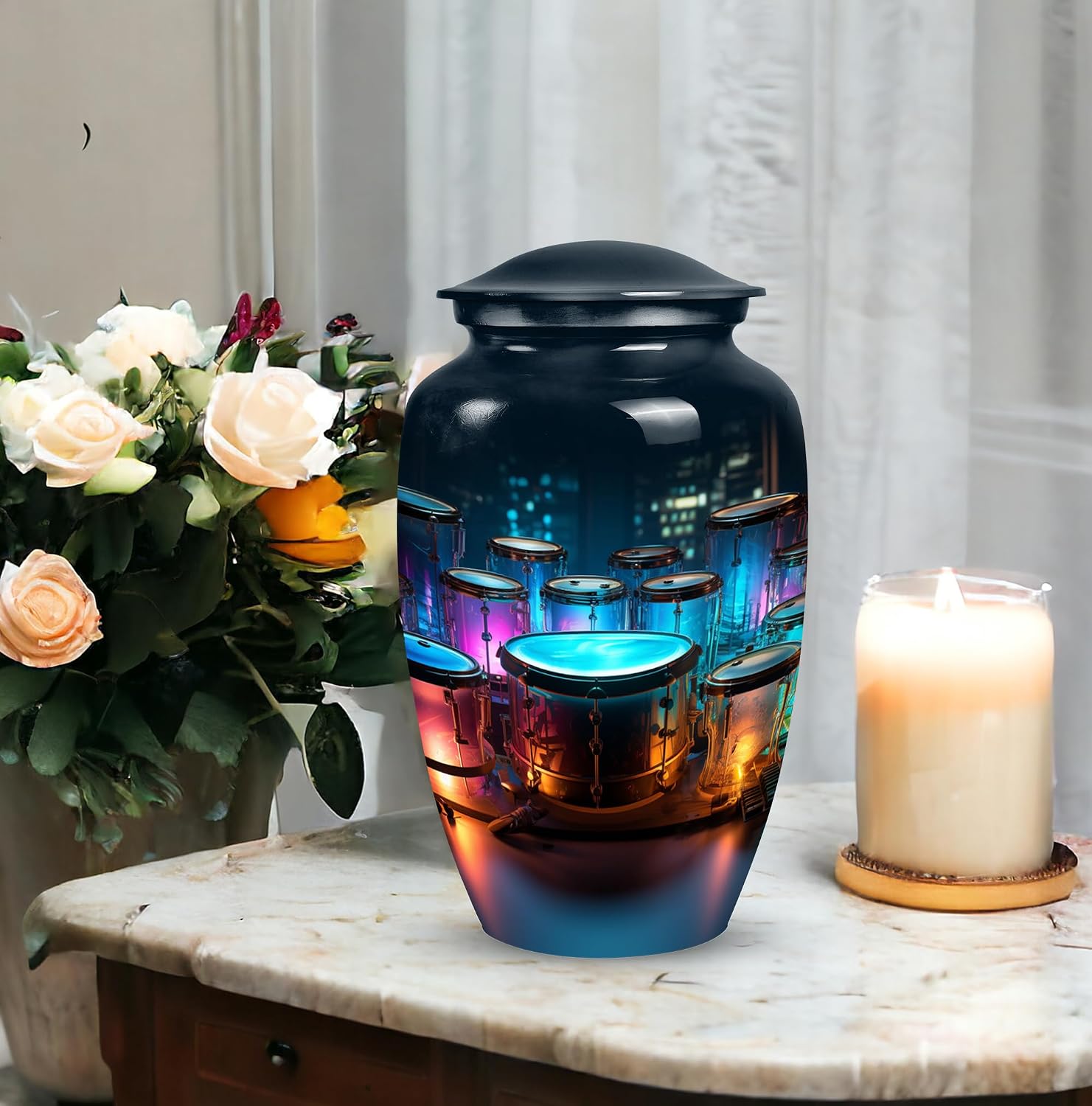 Neon Drum Set Urns for Human Ashes Adult Man - Large Urn for Human Ashes Adult Male Dad - Funeral Urns for Women - Cremation Urn - 10 Inch