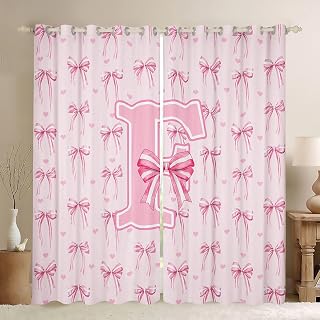 Feelyou Kawaii Pink Bow Curtains for Bedroom Living Room Monogrammed Blackout Darkening Drapes Personalized Initial F Window Treatments, 2 Panels 38 x 45 Inch Cute Coquette Bowknot Room Decor