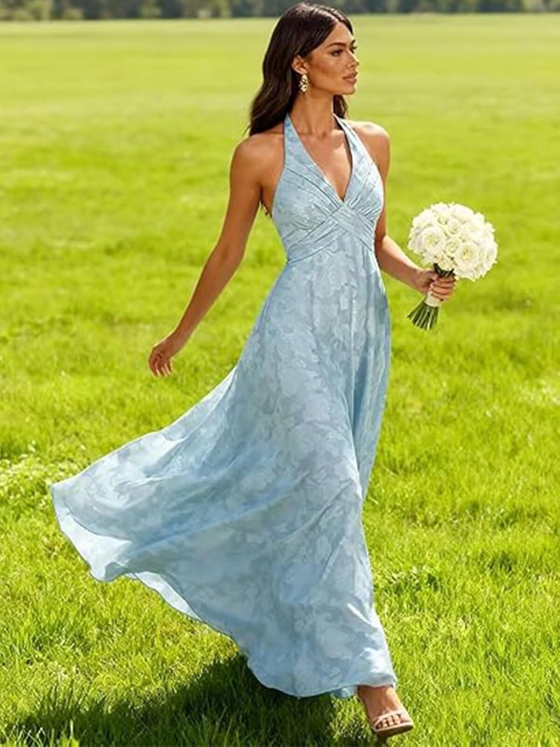 Jacquard Floral Bridesmaid Dresses for Women Halter V Neck A Line Sleeveless Long Formal Party Evening Gowns - Image 7