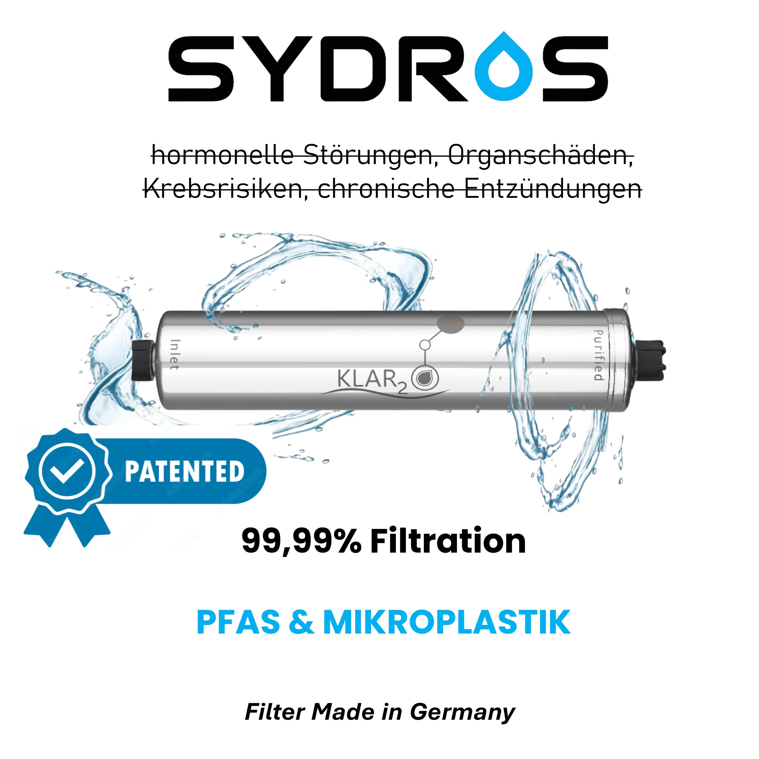 Klar2O Wasserfilter - filtert bis zu 99,99% Mikroplastik, Nanoplastik & PFAS dank patentierter Klar2O Technologie