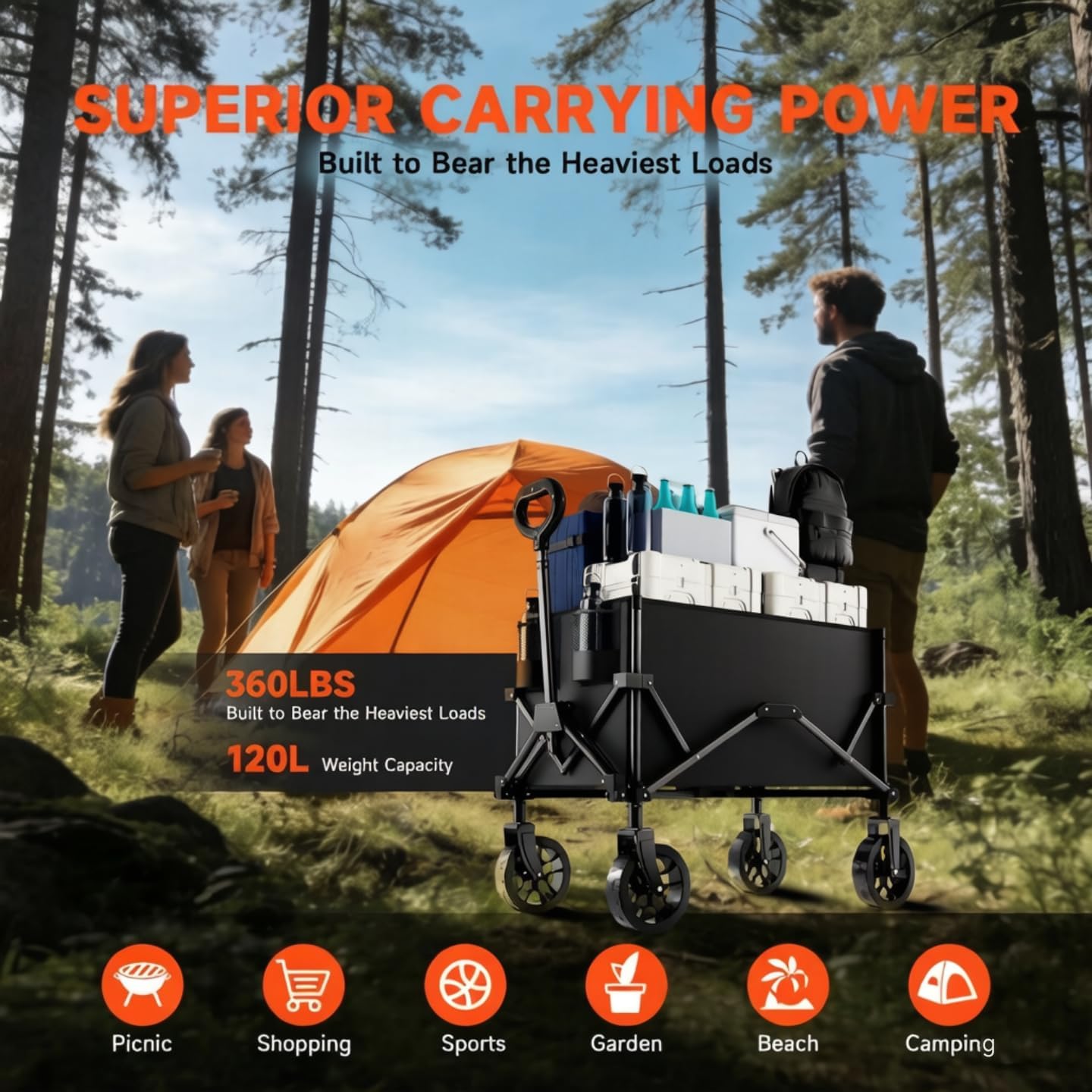 Collapsible Folding Wagon, Wagon Cart Heavy Duty Foldable with Two Drink Holders, Utility Grocery Wagon for Camping Shopping Sports