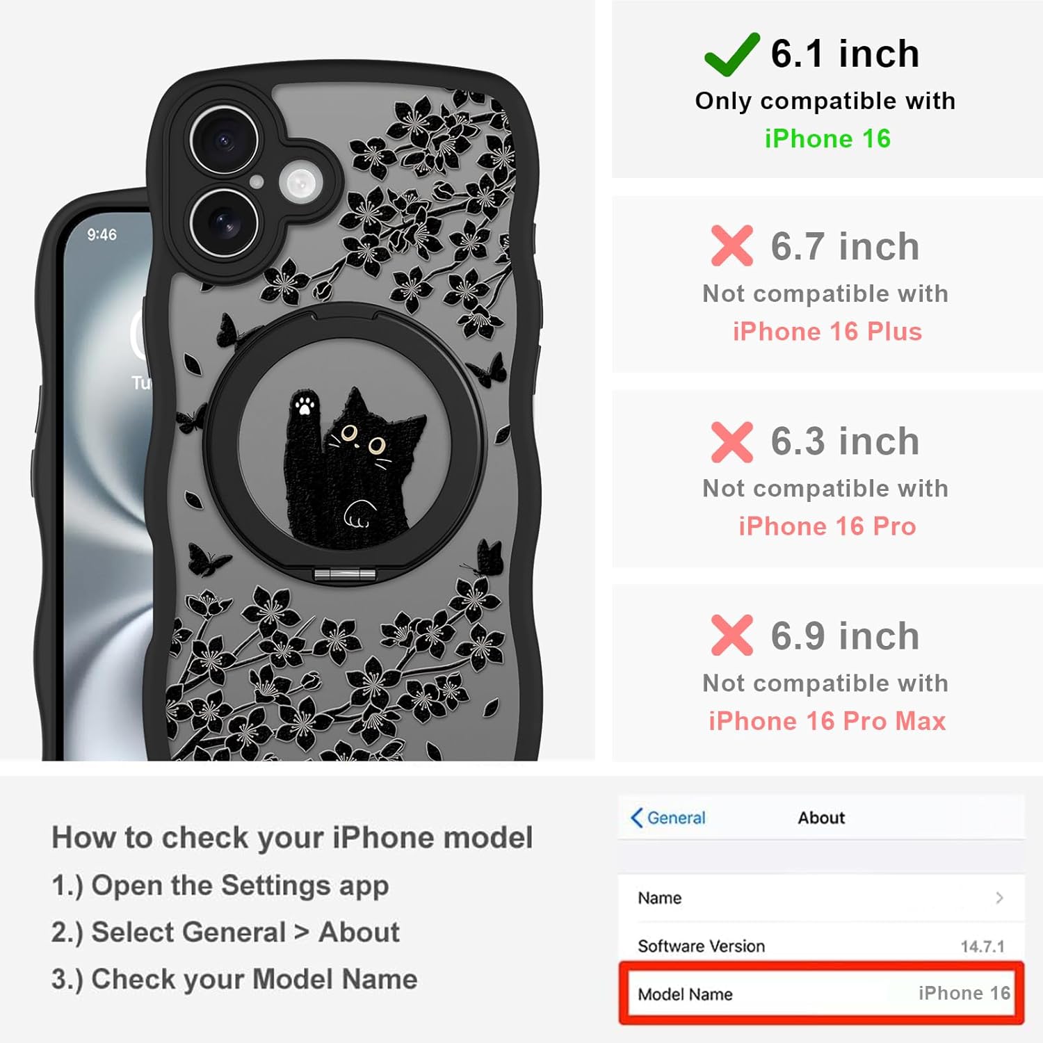 Wavy Case for iPhone 16 Case with Stand [Compatible with MagSafe] Cute Black Cat & Floral & Butterflies Pattern Design, Kawaii 360 Magnetic Ring Kickstand Phone Cover for Women Girls