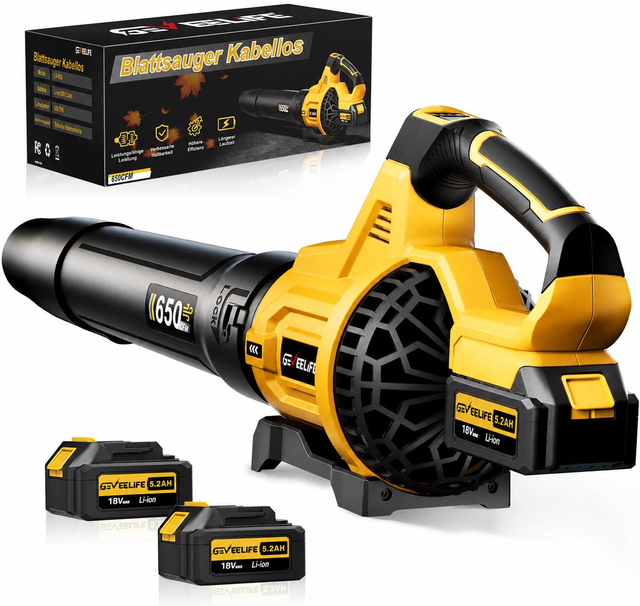 GEVEELIFE Souffleur électrique 20 V 257 km/h avec 3 Vitesses et 2 Batteries de 5,0 Ah pour Jardin, Feuilles, poussière et Neige (Batterie Incluse), Jaune