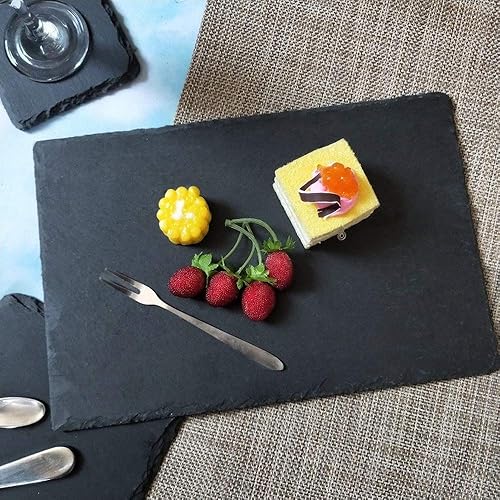 Vista 2 de MONKEY SUN Paquete de 4 tablas de queso de pizarra negra de 12 x 8 pulgadas con borde natural para cocina, comedor, fiesta, platos de piedra