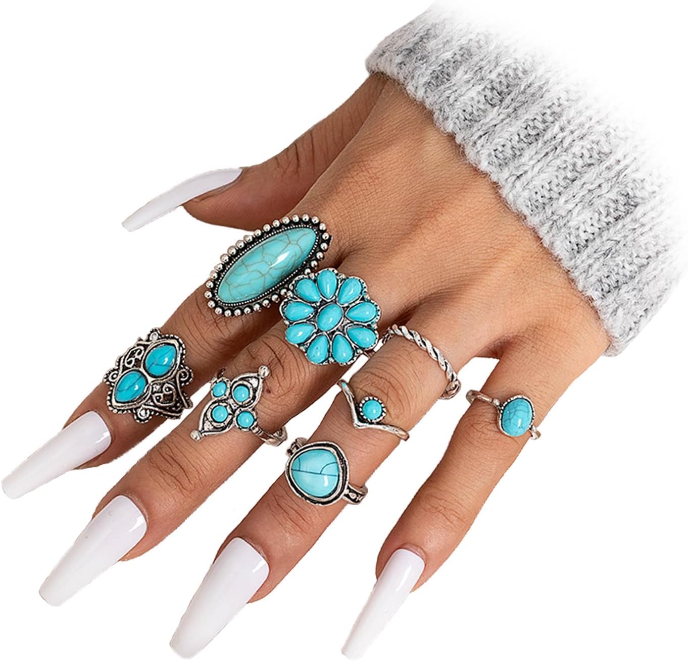 Bohemian Turquoise Ring Set for Women,Vintage Gem Turquoise Opal Joint Knuckle Stackable Rings Chunky Boho Midi Ring Pack Punk Western Ring Mixed Size
