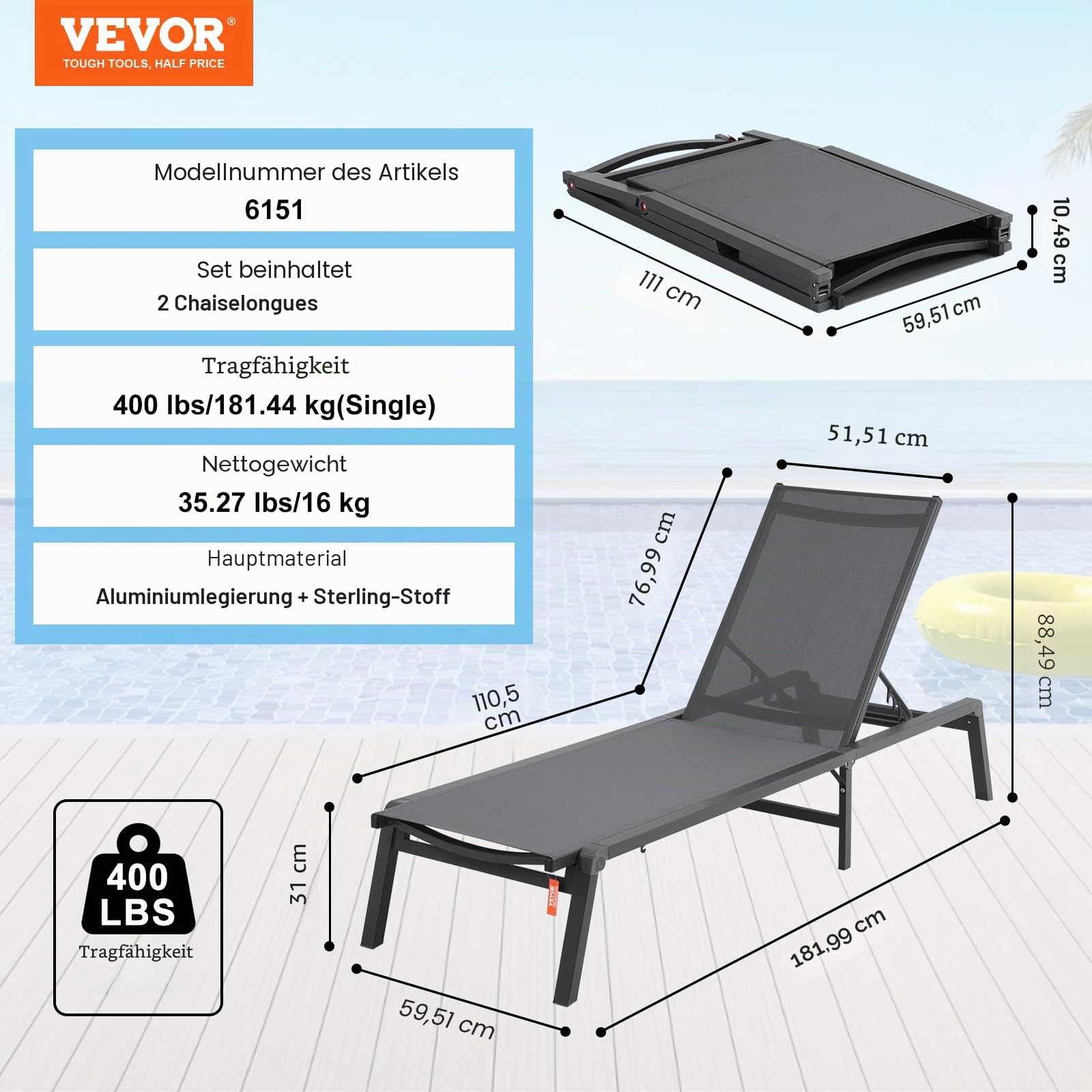 VEVOR Sonnenliege klappbar, 182x60x88cm Alu-Liegestühle mit 5 verstellbaren Positionen, Strandliege, Liegestühle, Gartenliege Relaxliege, Liege für Terrasse, Strand, Pool, Dunkelgrau, 2 Stück