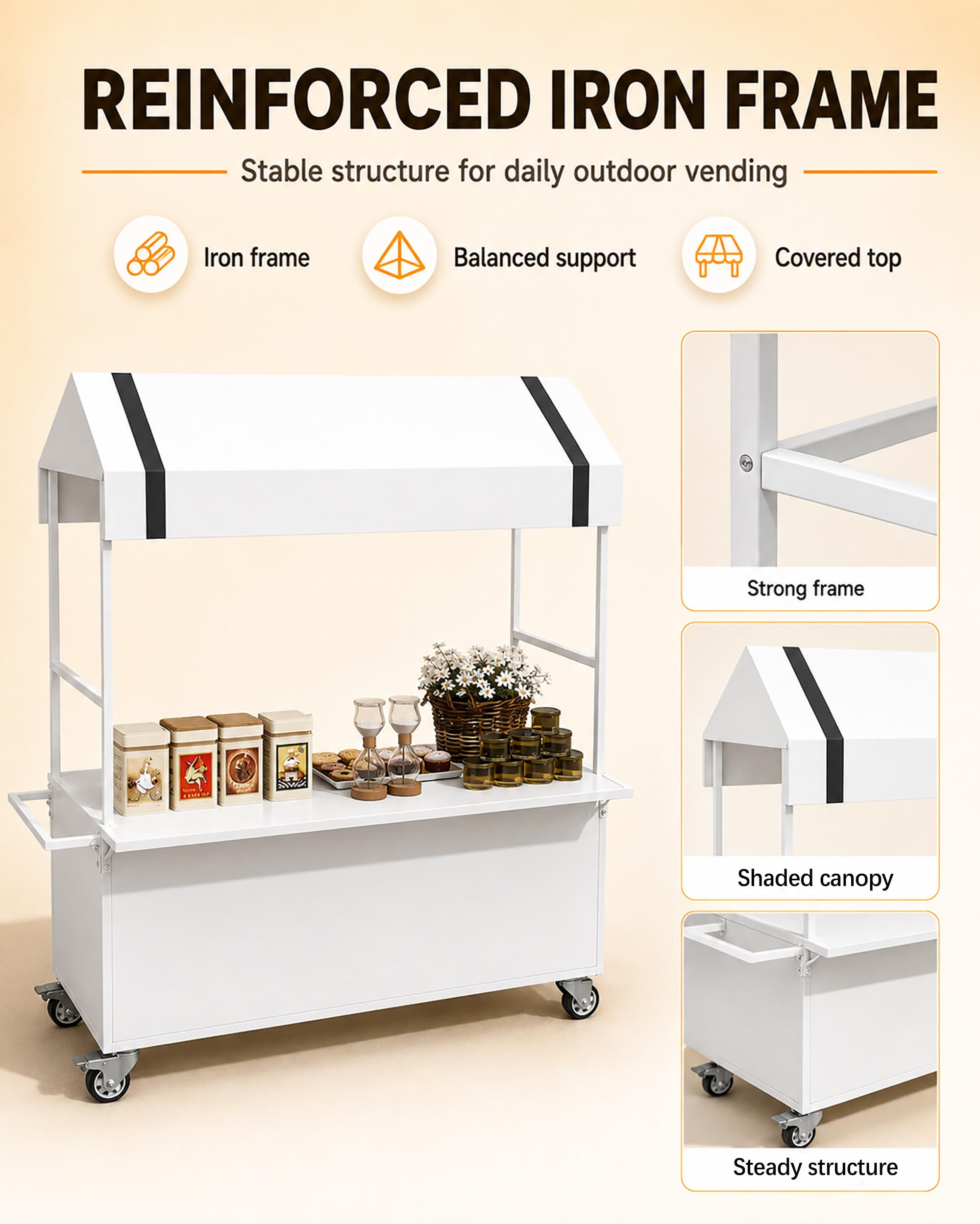 Carrello Portatile per Venditori Ambulanti con Pannello Estensibile Pieghevole, Espositore da Strada, Carrello Mobile per Alimenti con Tettoia per Street Food, caffè, Eventi