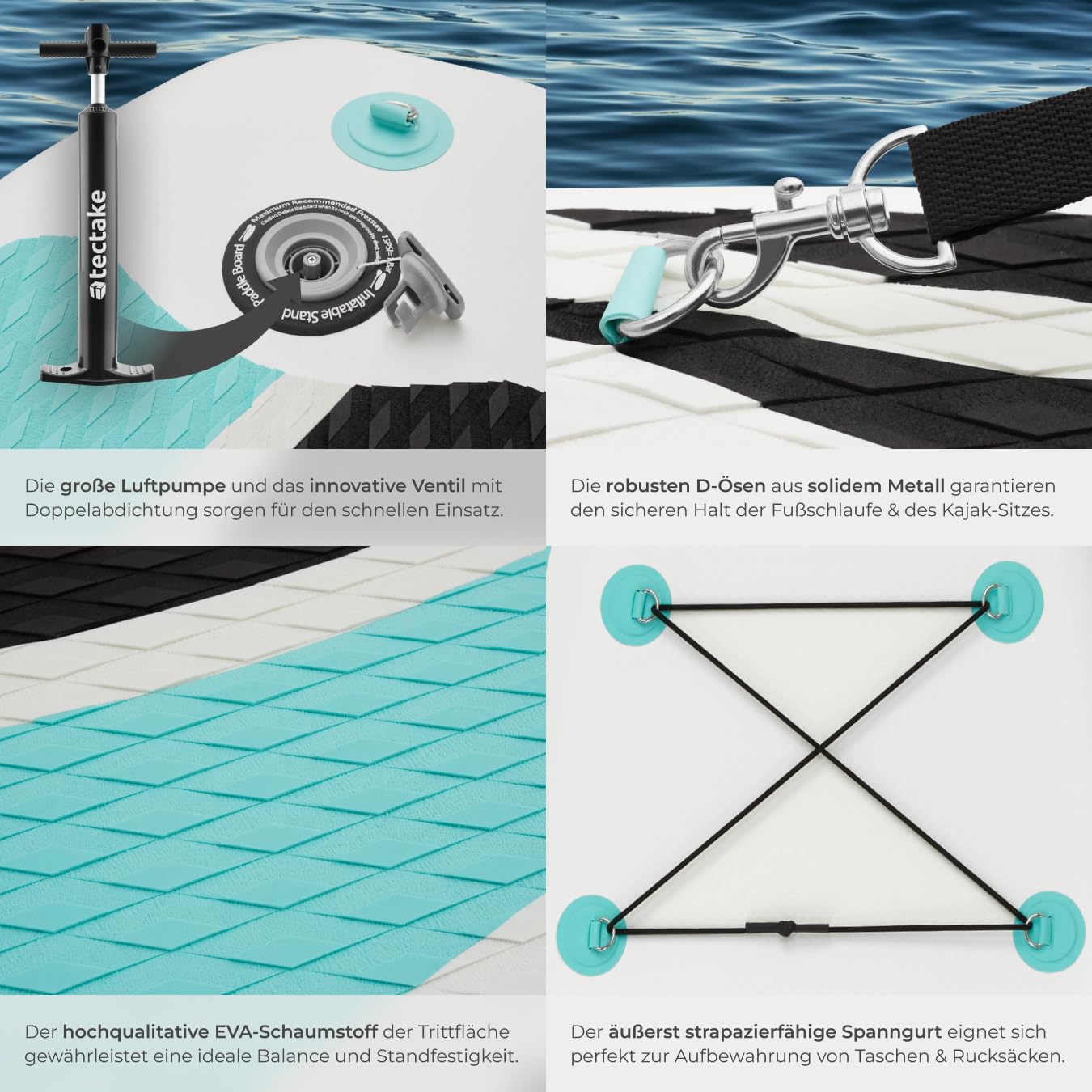 tectake® Stand Up Paddle Board, SUP aufblasbar, Standup, SUB mit Pumpe, Kajak Boot Sitz, Finnen, Rucksack, Doppelpaddel, Paddel, für Wassersport und Paddling, bis 200 kg belastbar - weiß/türkis