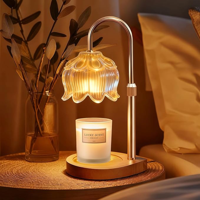 Candle Warmer Lamp with Timer - Dimmable Flower Candle Warmer for Jar Candles, Height Adjustable Fragrance Wax Melter, Gifts for Girls, Women, Bedroom Home Decor (Amber)