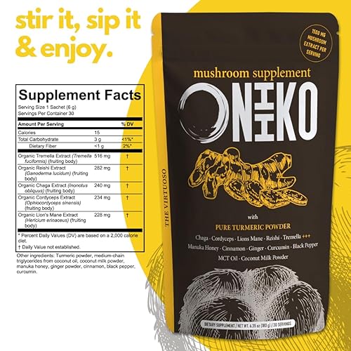 Miniatura 9 de Latte de cúrcuma de hongos con curcumina, jengibre, manuka y coco para la salud intestinal, vitalidad y antiinflamación, 1500 mg de extracto por