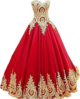 Women's Ball Gowns Gold Lace Appplique Dress