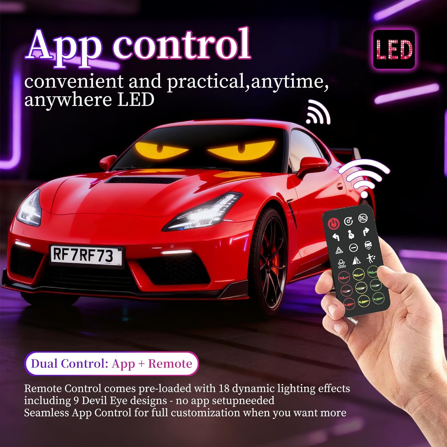 Devil Eyes Light 2PC for Windshield-23.42x4.72IN LETOUR Programmable LED Eyes [Advanced Chip, 100% Synced Dual Screen] 5V USB Powered, App/Remote Control, Windshield Eyes Animated for Cars/Trucks/SUVs