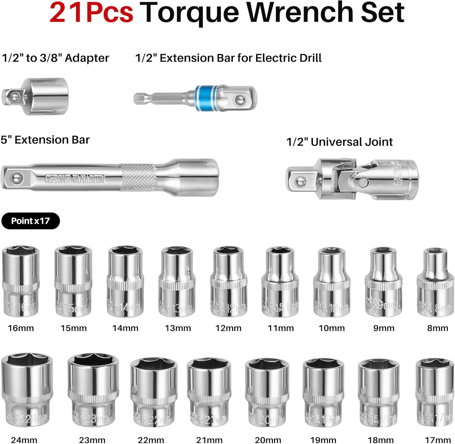 21Pcs Torque Wrench Set,1/2" Drive 10-170 Ft-Lb/13.6-230.5Nm,Inch Pound Click Torque Wrench,72T Dual Direction 3% Precision Adjustable Torque for Car Repair,Motorcycle,Lug Nut