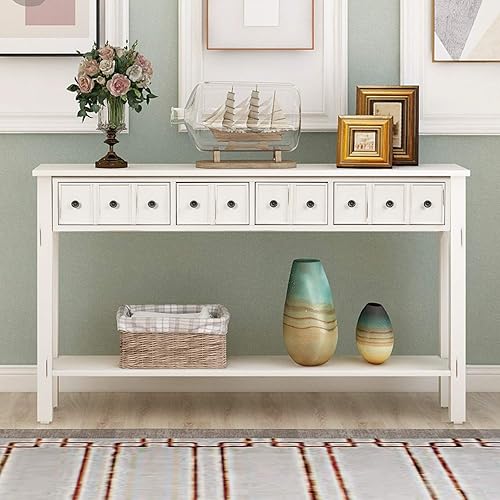 Miniatura 3 de MERITLINE Mesa de entrada larga de madera retro de 60 pulgadas con cajones de almacenamiento, mesa consola estrecha detrás del sofá mesa decorativa