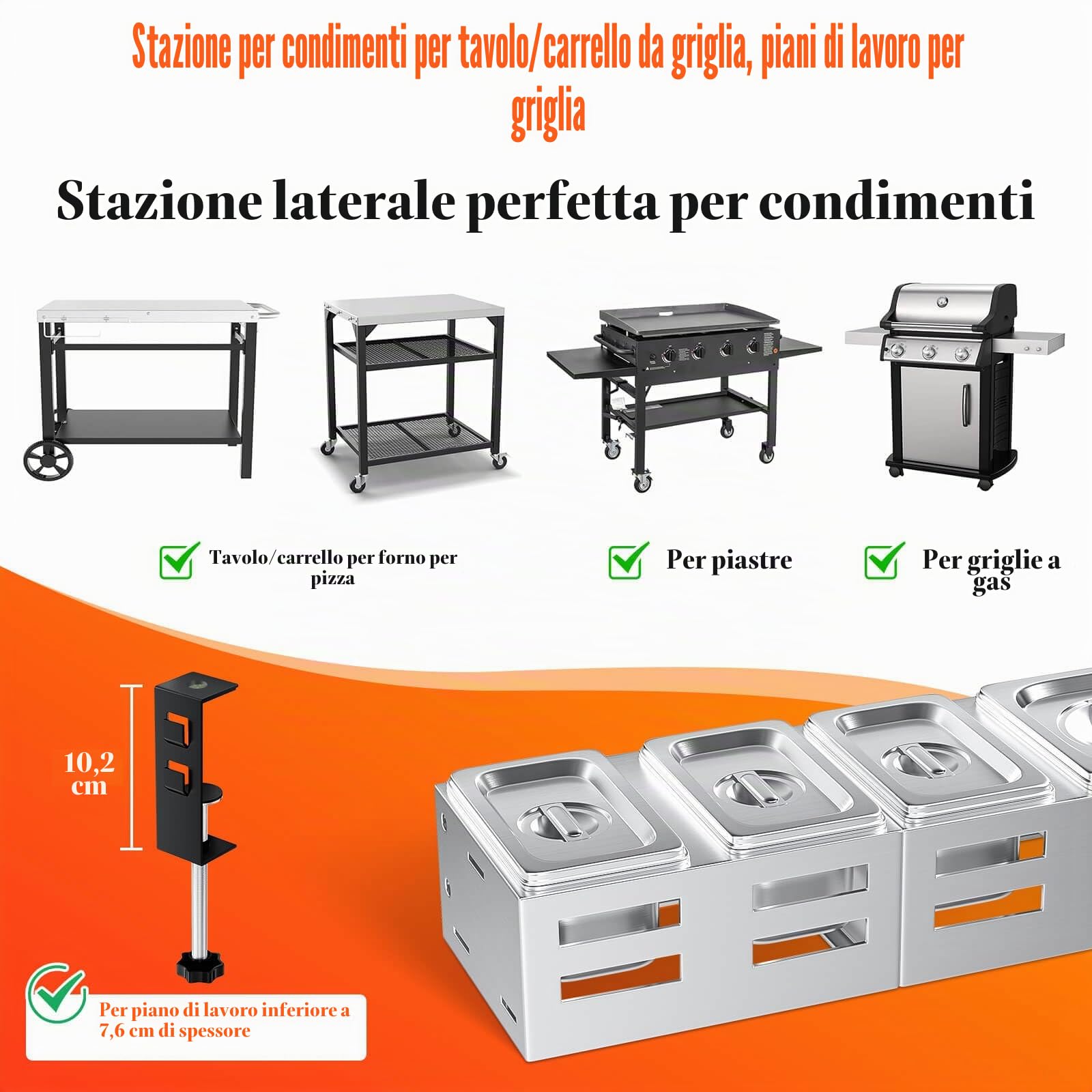GFTIME Stazione per condimenti per pizza in acciaio inox, contenitore per ingredienti per pizza, contenitore per contorni, rettangolare, multi-scomparto, 39 cm, confezione da 6