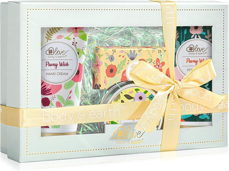 BODY & EARTH # LOVE Hand Cream Gifts Set for Women,4 Pack Peony Wish Skin Care Set Spa Kit with Hand Cream Foot Cream,Soap,Scented Candle,Birthday Gifts for Women Teen Girl Graduation Gift Teachers