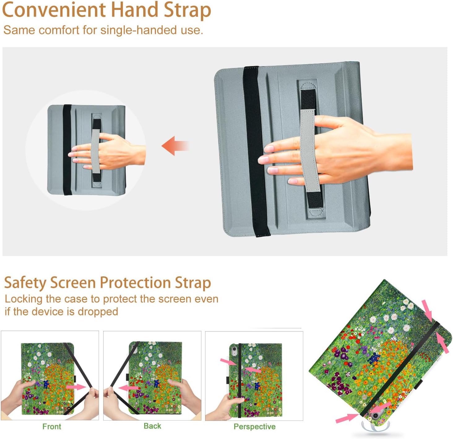 Vimorco Rotating Case for iPad A16 11th/10th Generation 2025/2022, for iPad A16 Case 11th/10th Generation 360 Degree Rotating, 4 Viewing Angles, Pencil Holder/Hand Strap/Pocket, Flower Art Garden