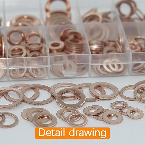 Miniatura 3 de Juego de 235 piezas de arandelas métricas de sellado de cobre aplastables, kit de surtido de anillo plano, sello de junta del tapón de drenaje de
