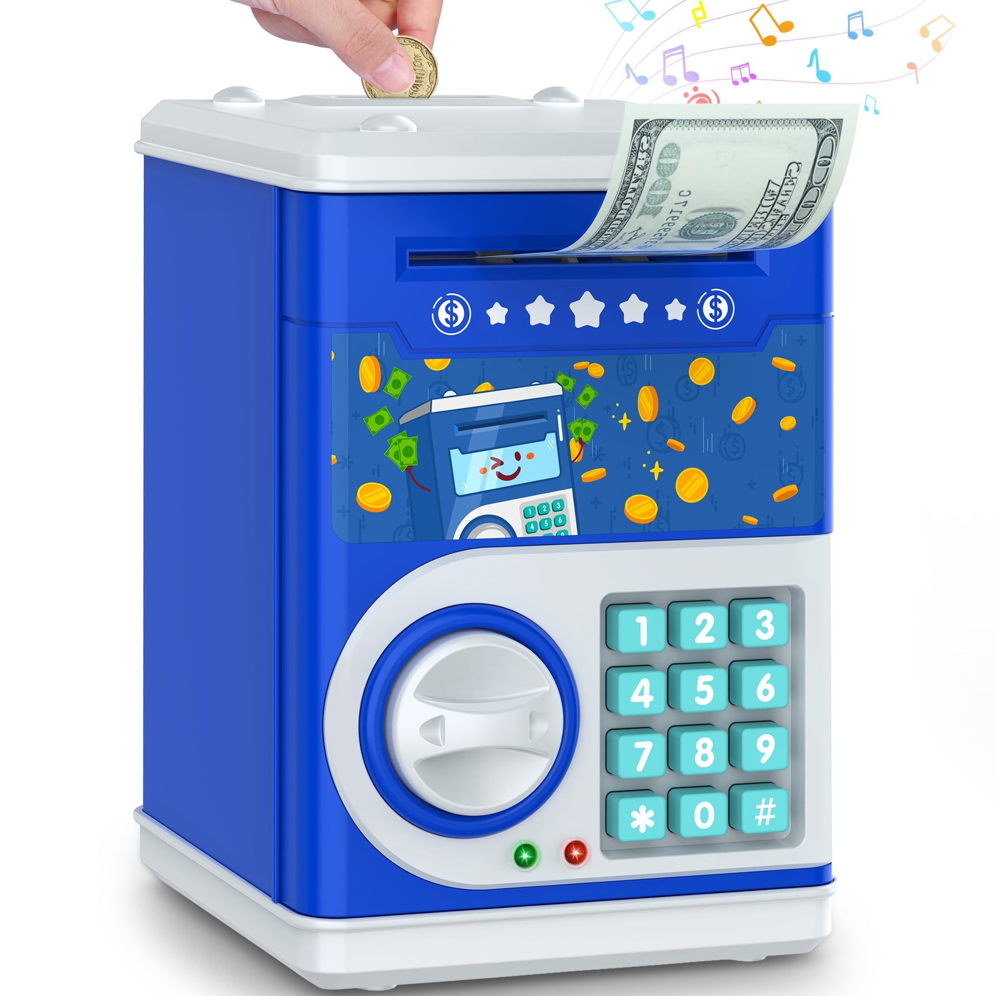 Dark Blue Piggy Bank for Kids with Password Code Lock and Auto Grab Bill Slot, PhilaeEC Real Money Cash Coin Can Saving Box Electronic Money Safe Bank, Hot Gift for 4 7 8 9 10 11 Year Old Boys Girls