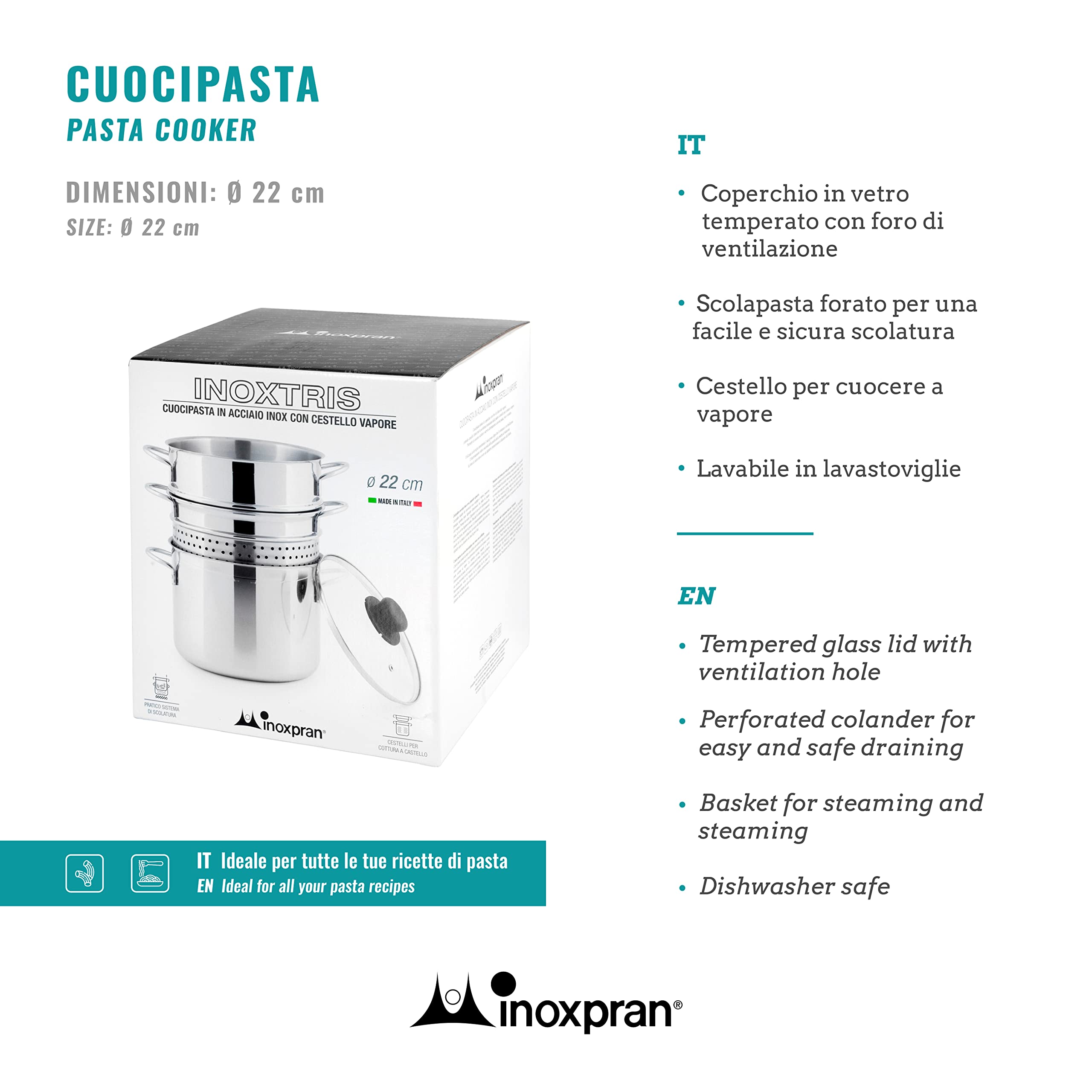 540629, Cuocipasta Inoxpasta in Acciaio Inossidabile, Cestello a Vapore con Coperchio in Vetro da 22 cm, Pentola e Scolapasta Insieme, Utilizzabile nel Gas, Piastra Elettrica e Vetro Ceramica