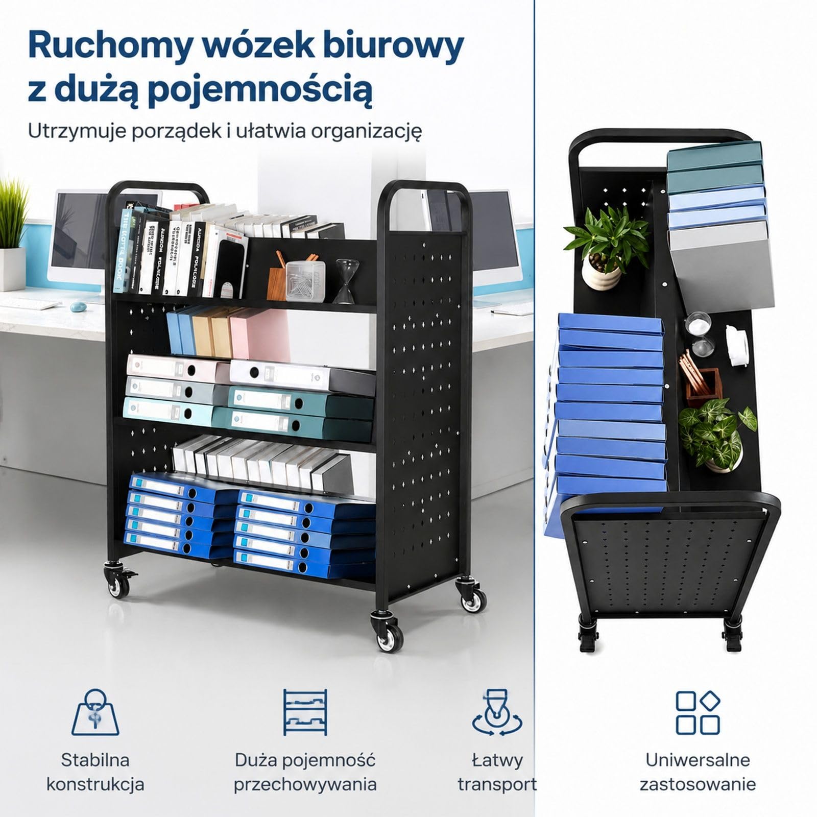 Wózek na książki z kółkami, 3-poziomowy regał biblioteczny, dwustronna konstrukcja w kształcie W, czarny, do biblioteki, biura i domu