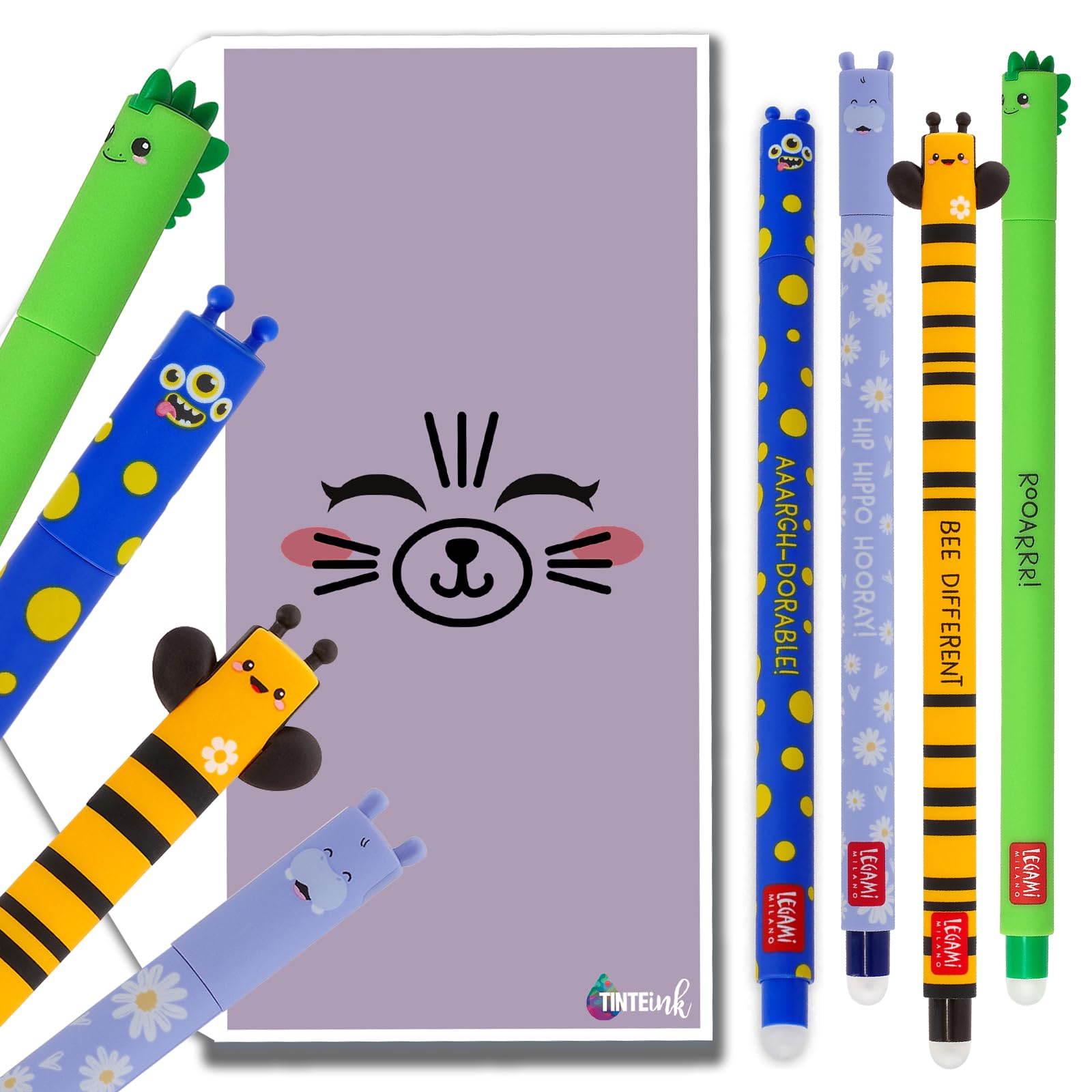 Tinte Ink Legami Erasable Pens Bundle Envelope - (Dino, Hippo, Bee & Monster (4 Pens)) — image 1
