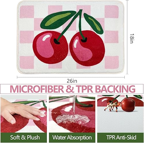 Miniatura 2 de SHIYUE Bonita alfombra de baño de cerezo a cuadros, antideslizante, extra suave, esponjosa, absorbente, de microfibra, divertida decoración de ducha